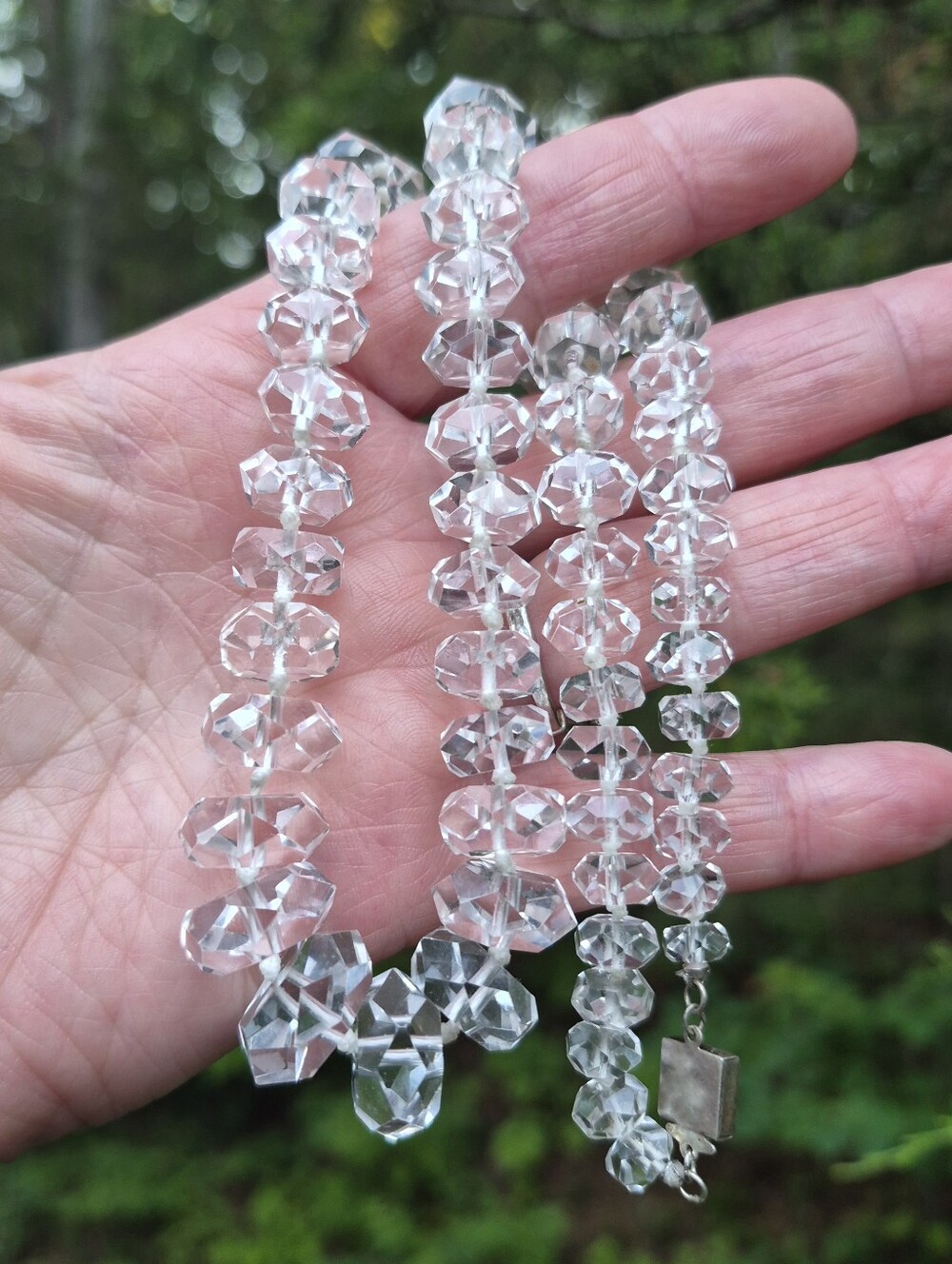 Rock Crystal Quartz Facted Graduated Beaded Knotted Necklace 20" 68g Sterling